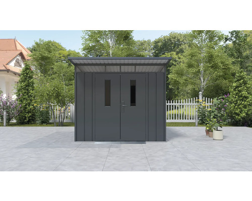 Metalen tuinhuis met dubbele deur en bovenlicht voor de tuin