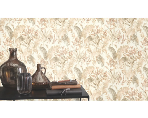 Decoratief behang met botanisch patroon en bruine vazen