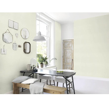 Lichte kamer met eettafel, stoelen, bank en spiegels aan de wand