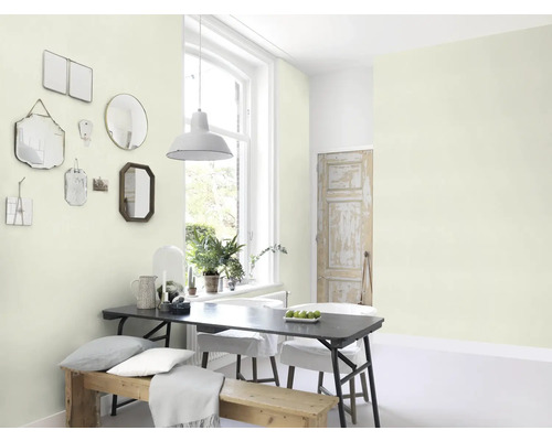 Lichte kamer met eettafel, stoelen, bank en spiegels aan de wand