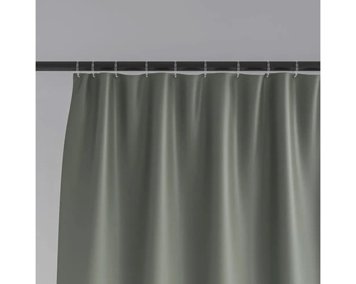 Grijze douchegordijn aan zwarte stang met transparante ringen