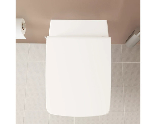 Bovenaanzicht van een toilet met gesloten deksel, toiletpapier en houder