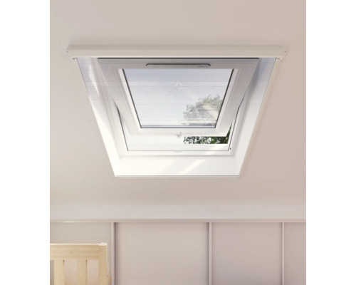 Open dakraam met insectenhor in een lichte kamer.