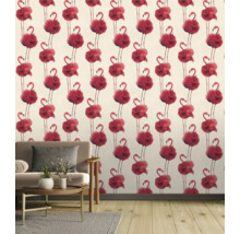 Woonkamer met behang met flamingoprint