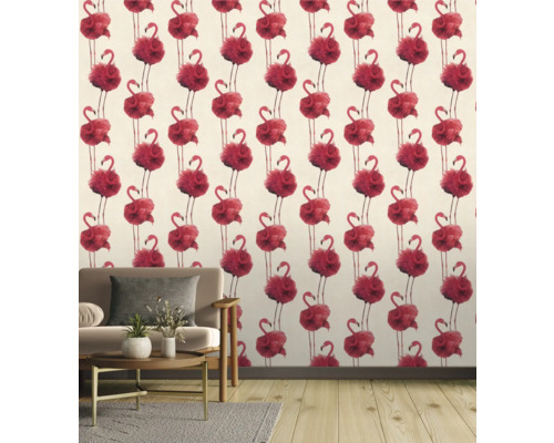 Woonkamer met behang met flamingoprint