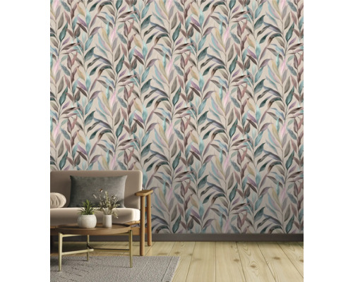 Woonkamer met bladerenbehang