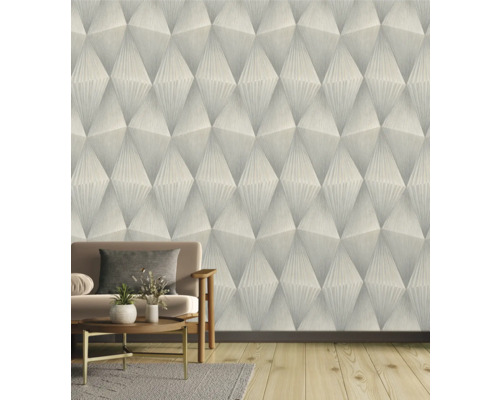 Woonkamer met gestructureerd driedimensionaal behang en meubels