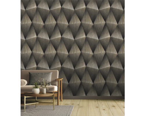 Woonkamer met driedimensionaal, geometrisch behang en bank