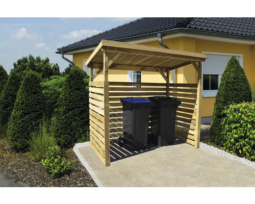 Houten afvalcontainerberging met twee afvalcontainers op een erf