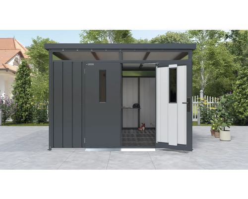 Metalen tuinhuis met open deur en kijkje naar binnen