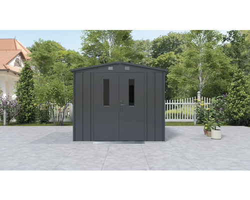 Metalen tuinhuis met dubbele deur en ramen in de tuin