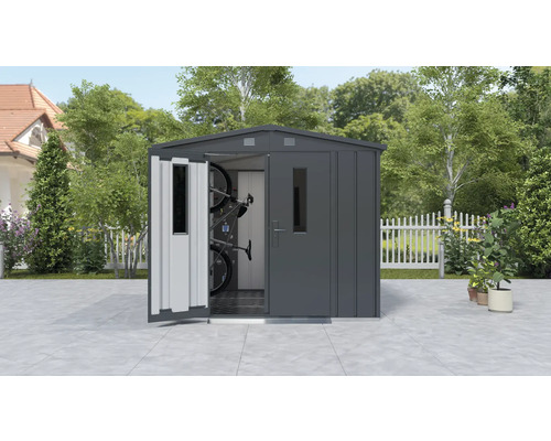 Metalen gereedschapsschuur met open deur en fietsen binnenin