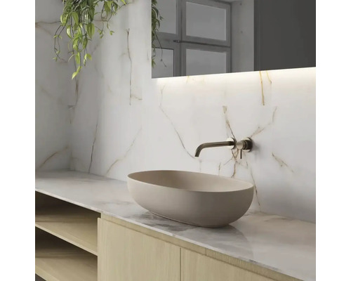 Badkamer met waskom, wastafel, kraan en spiegel