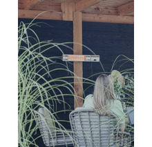 Terrasscène met terrasverwarmer, rotanmeubels en decoratieve grassen