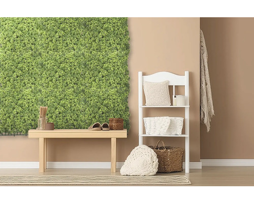 Decoratief interieur met moswand, bank en plank