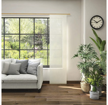 Woonkamer met bank, kamerplanten, klok en schuifpaneel voor het raam