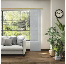 Woonkamer met schuifpaneel, bank, klok en kamerplanten