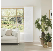 Lichte woonkamer met bank, kamerplanten en schuifpaneel voor het raam