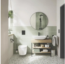 Lichte badkamer met toilet, wastafel, spiegel en groene accenten voor een vriendelijke sfeer.