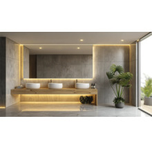 Moderne badkamer met drie wastafels, grote spiegel en planten