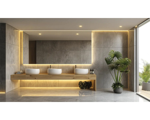 Moderne badkamer met drie wastafels, grote spiegel en planten