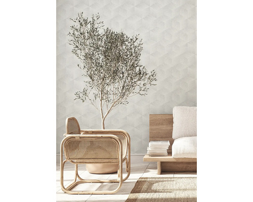 Lichte ruimte met rotan meubels, olijfboom en geometrisch behang voor een moderne woonomgeving