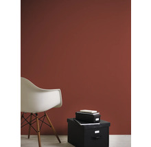 Kamer met terracotta muurverf, stoel en opbergdozen