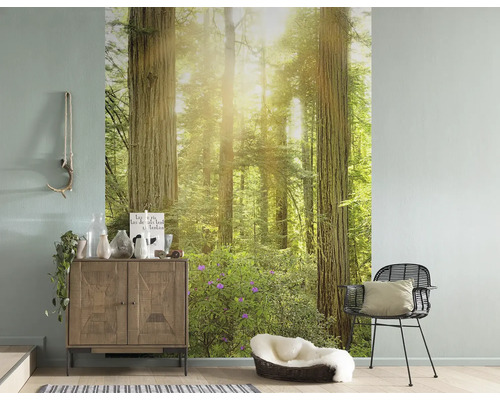 Woonkamer met fotobehang van een helder bos, dressoir, stoel en decoratie