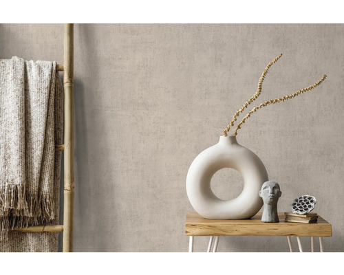 Woonkamer scène met decoraties zoals een vaas, een beeld en een deken op een ladder