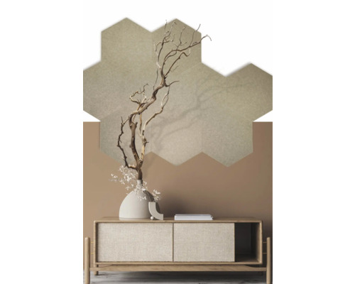 Wandtegel akoestisch Hexagon vilt Dune 57,7x50 cm Decoratieve zeshoekige wandtegels in de woonkamer met dressoir en decoratie.
