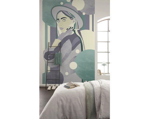 Slaapkamer met fotobehang vrouw met hoed, ladder en bed