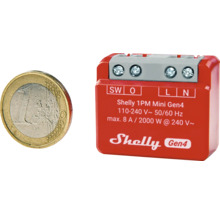 Shelly 1PM Mini Gen4 wifi-schakelaar met euromunt ter vergelijking van de grootte