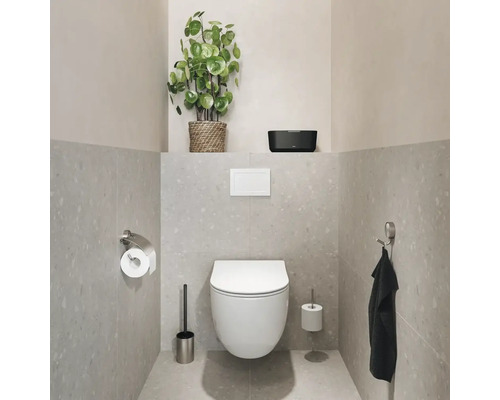 Moderne badkamer met hangend toilet, toiletborstel, toiletpapierhouder en kamerplant