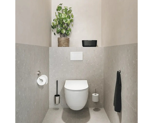 Moderne badkamer met hangtoilet, toiletpapierhouder, toiletborstel, handdoek en kamerplant