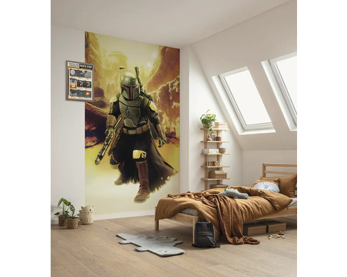 Slaapkamer met Star Wars muurschildering, bed en houten rek