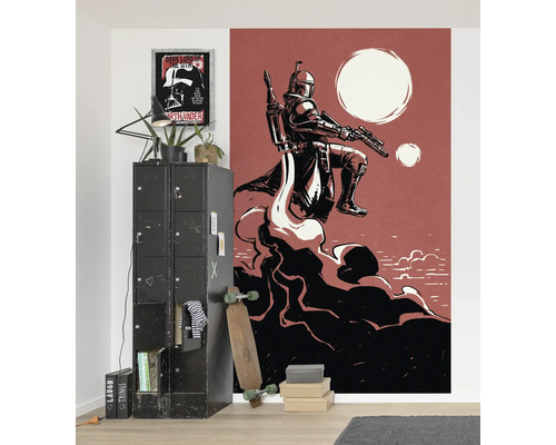 Interieur met Star Wars muurschildering met Boba Fett motief, kluisje en accessoires