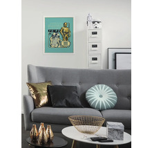 Woonkamer met grijze bank, kussens, salontafel en Star Wars-poster