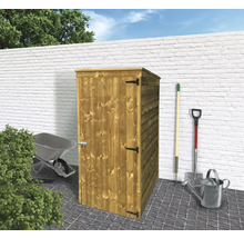 Houten tuinkast met tuingereedschap en kruiwagen