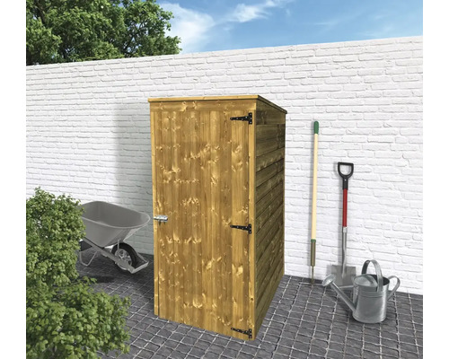 Houten tuinkast met tuingereedschap en kruiwagen