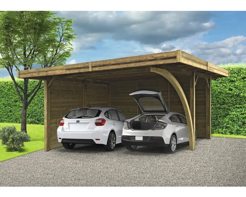 Houten dubbele carport met twee geparkeerde auto''s
