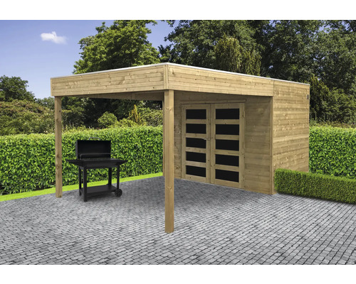 Overdekte barbecueplaats met houten huisje en barbecue