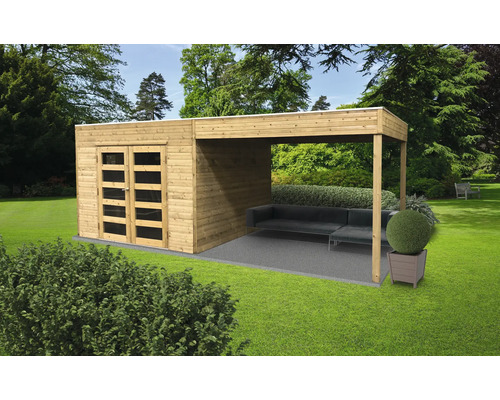 Tuinhuis met overdekt terras en zithoek in de tuin.