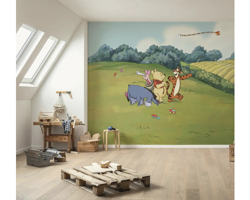 Kamer met fotobehang met Winnie de Poeh en zijn vrienden op een groene weide