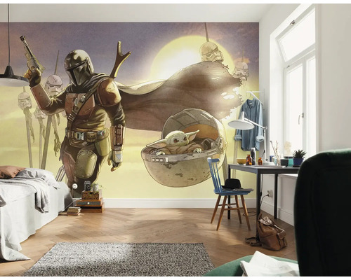 Kamer met Star Wars muurschildering met Mandalorian en Baby Yoda