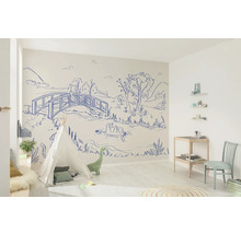 Helder ontworpen kamer met tent, kinderkamerdecoratie en muurschildering met brug en meer