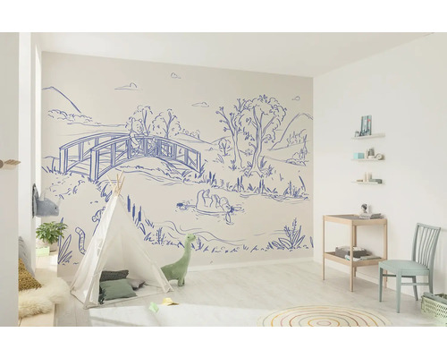 Helder ontworpen kamer met tent, kinderkamerdecoratie en muurschildering met brug en meer