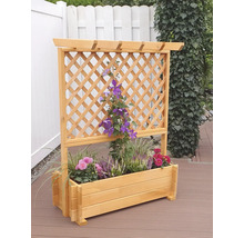 Houten plantenbak met klimrek en bloeiende planten