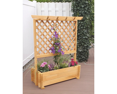 Houten plantenbak met klimrek en bloeiende planten