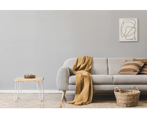 Woonkamer met bank, kussens, deken, bijzettafel, mand en muurschildering