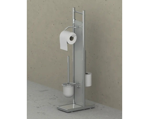Vrijstaande toiletpapierhouder met borstel en papierrolhouder.